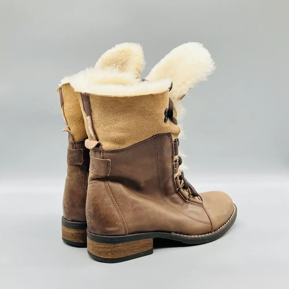 Luxe De León Boots Womens 6.5 Brown Leather Shearling Lace Up Mid Calf Shoes